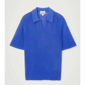 Cos Men's Open Knit Polo Shirt Relaxed Fit Crochet Short Sleeve Blue Size Medium
